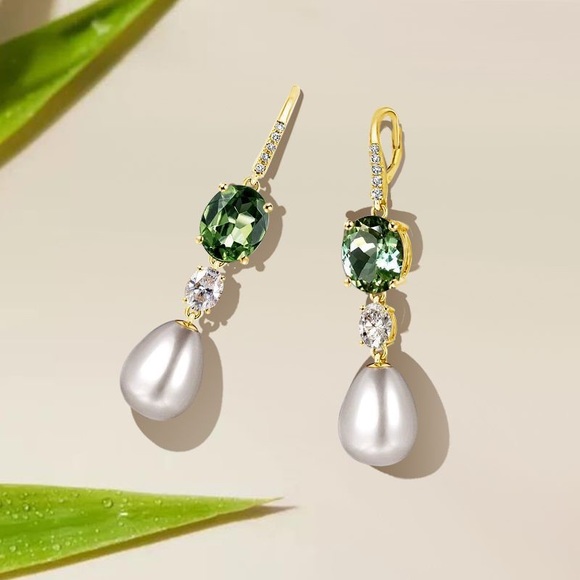 Golden Oval Cut & Pearl Peridot Drop Earrings 925 Sterling Silver - Picture 4 of 8